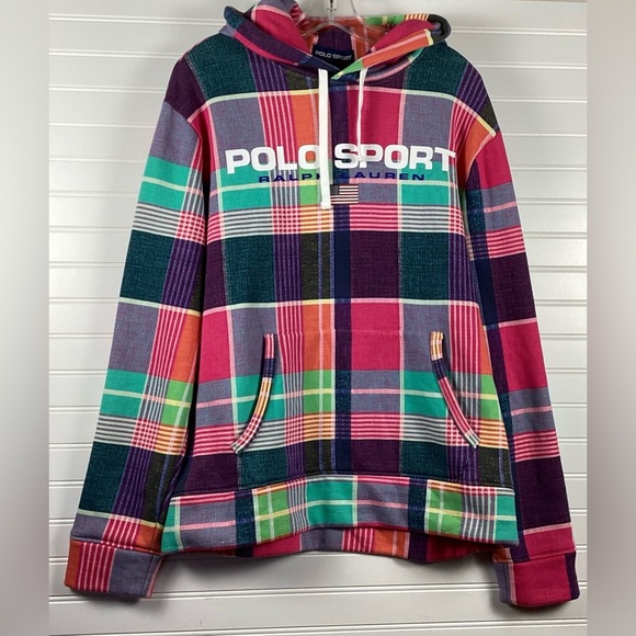 Polo Ralph Lauren Polo Sport Logo Plaid Men Hoodie Size Large Multicolored - Picture 2 of 13